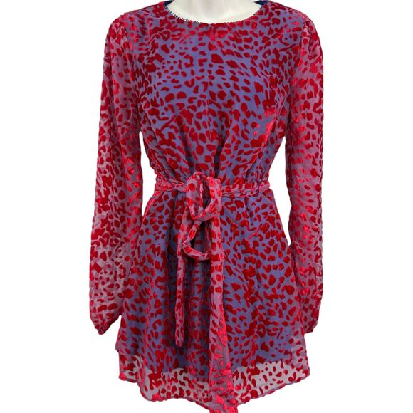 House of Harlow 1960 Shawna Burnout Velvet Red Blue Belted Long Sleeve Dress XS - Picture 1 of 15